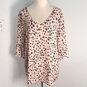 BiBi Pink & Black Spotted Blouse with Short Bell Sleeves, Size XL